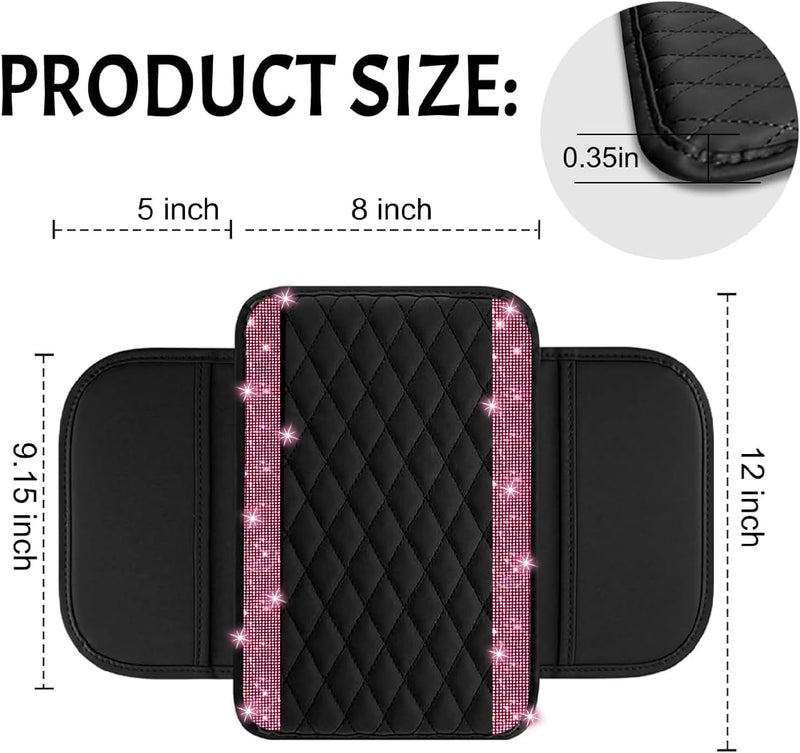 NBTEPEM Bling Car Center Console Cover, Leather Car Arm Rest Cover Cushion with 2 Storage Bags, Universal Automotive Armrest Protector Storage Box, Bling Accessories Interior for Most Vehicles (Pink) - Image 3
